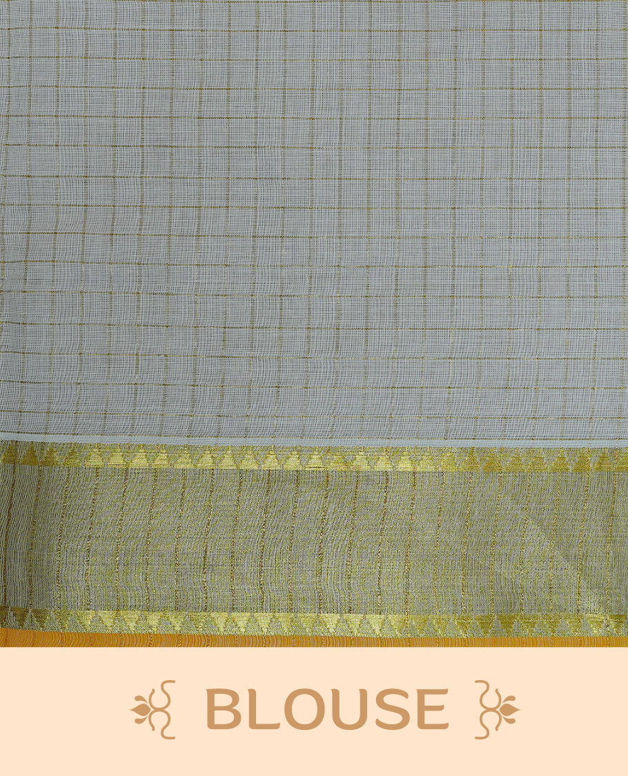 Cream Colour Kerala Saree Featuring Gold Zari Checks On The Body, Enhanced By A Gold Zari Border With Floral Prints And A Matching Pallu, Paired With A Matching Blouse Piece.