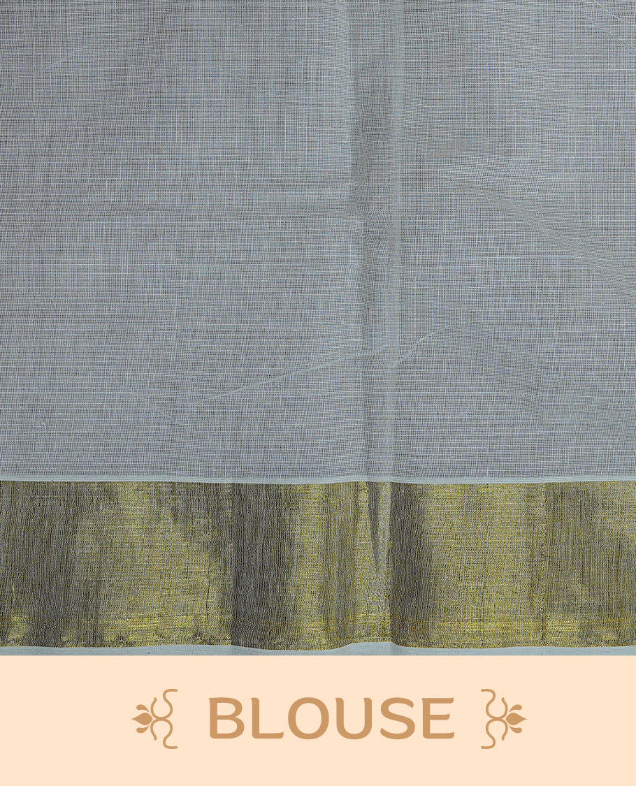 Cream Colour cotton Kerala Saree Featuring Multicolour Dot Prints On The Body, Complemented By A Traditional Gold Zari Border, Paired With A Matching Blouse Piece.