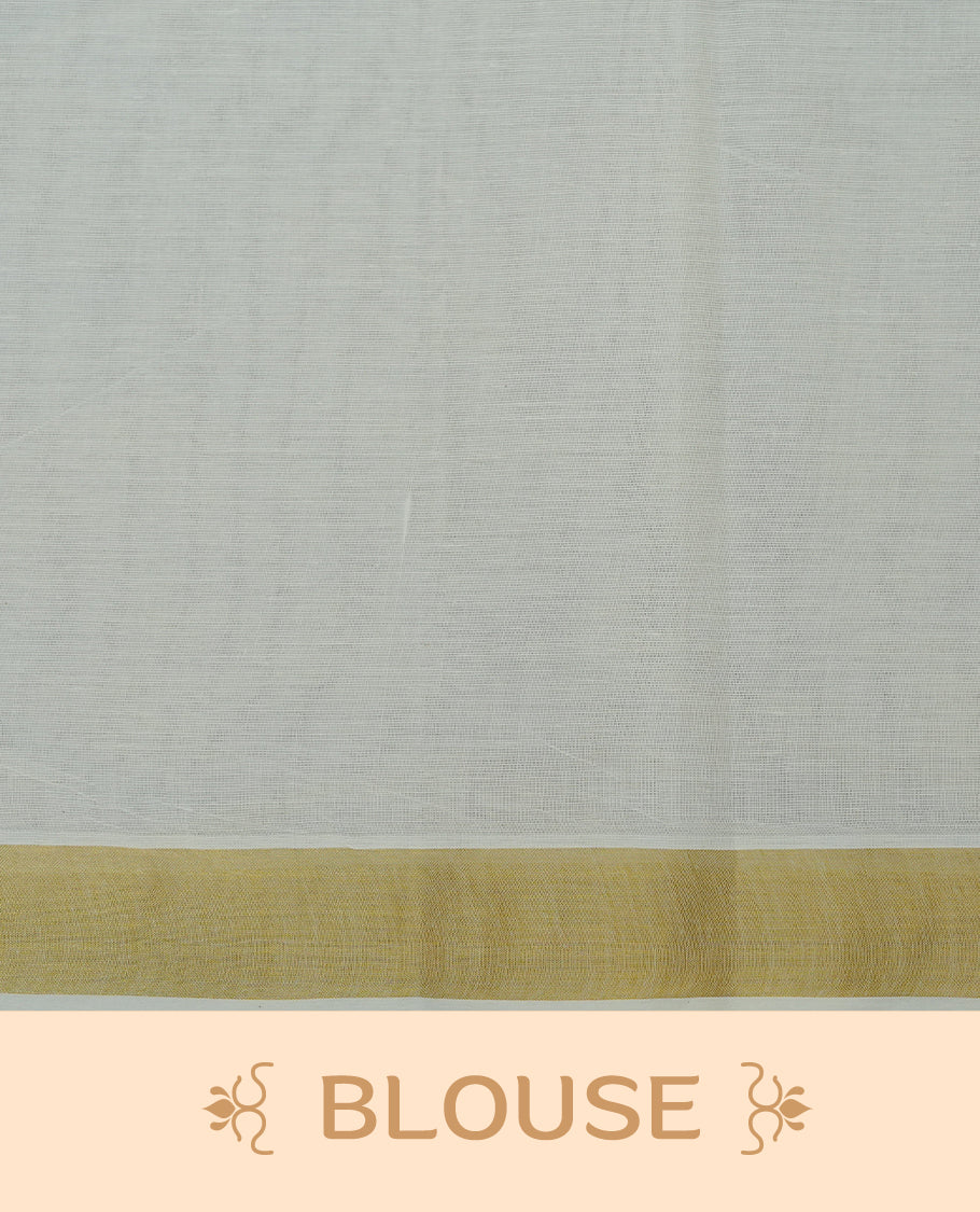 Cream colour Cotton kerala Saree featuring Flower Print on body, Enhancing Gold zari kasavu border, comes with matching blouse piece.