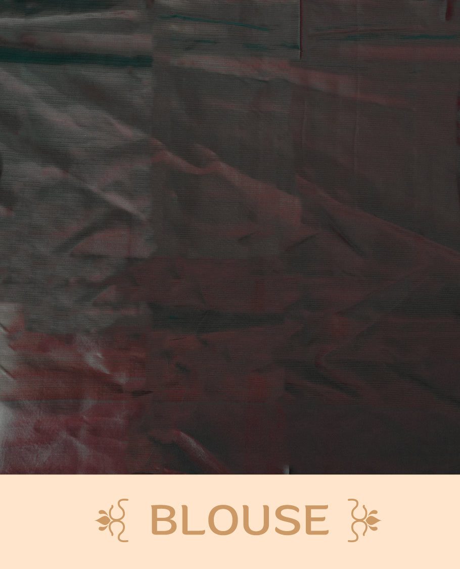 Dark maroon colour soft silk saree with a stunning maroon and teal green colour double shaded border, rich golden zari motifs, and a paired matching blouse.
