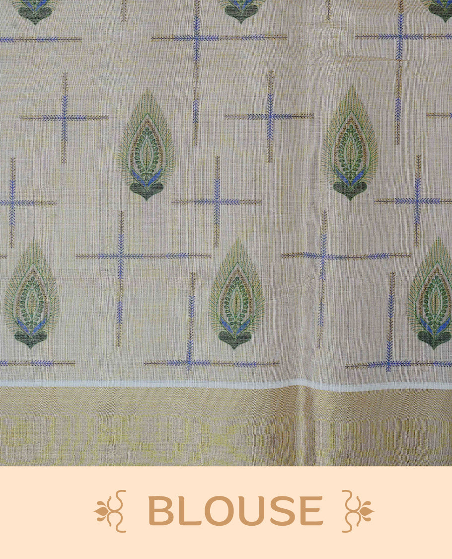 Cream Colour Tissue Kerala Saree Featuring A Digital Floral Printed Body, Highlighted With Classy Gold Zari Border Black & Yellow Tassel At Pallu, Paired With A Matching Blouse Piece.