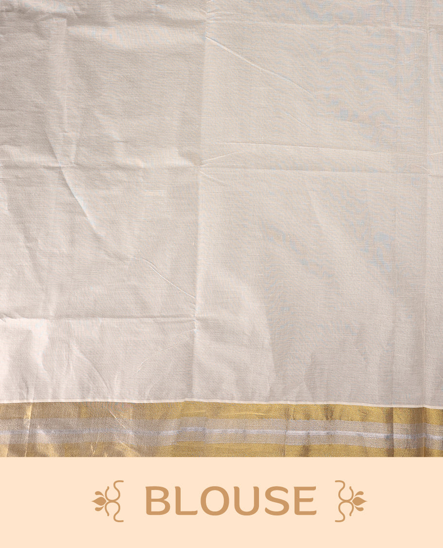 Traditional off white colour cotton Kerala saree featuring a subtle golden and silver dual tone zari border and pallu. Light, elegant, and perfect for festive or cultural occasions, it comes with a matching blouse piece.
