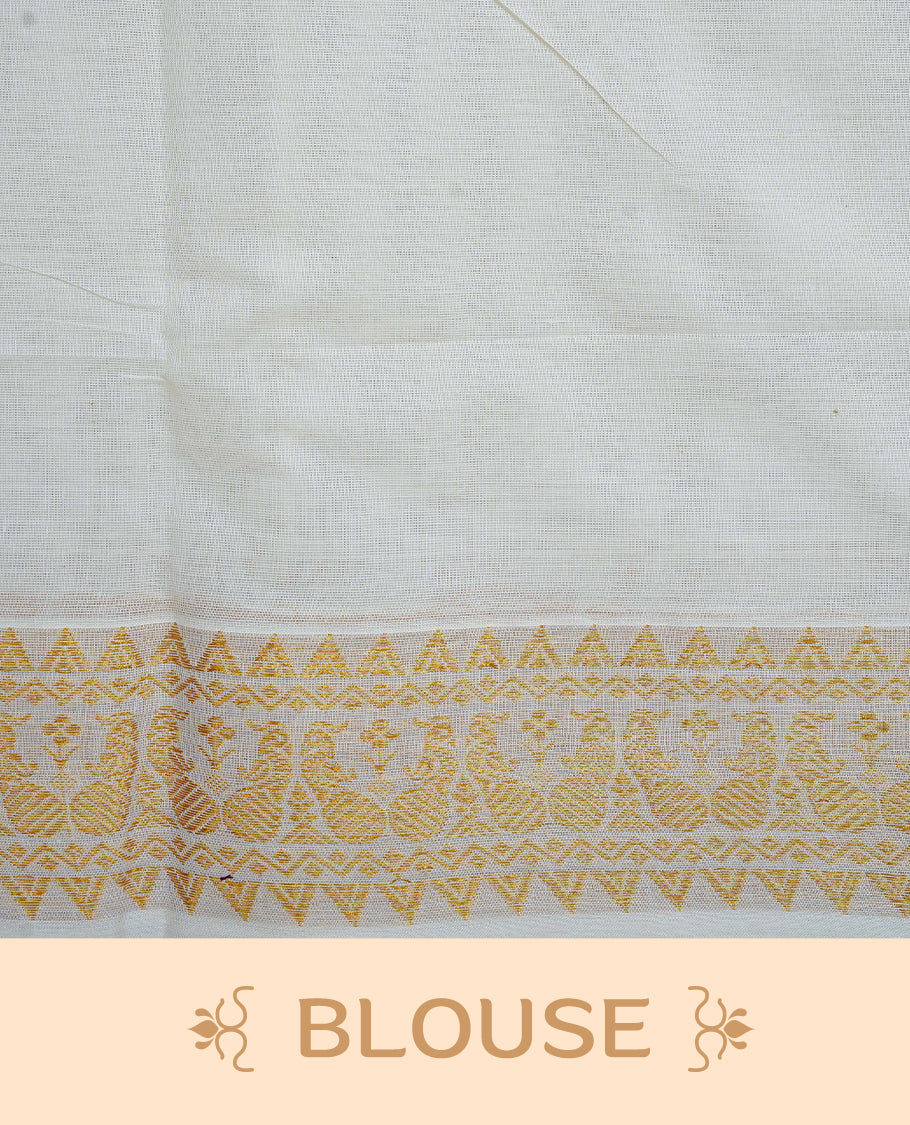 Cream Colour Cotton Kerala Saree Featuring Gold Buttas on the Body, a Classy Gold Zari Border, and a Traditional Violet Colour Lord Krishna Thread work and Gold Zari Pallu, Paired with a Matching Blouse Piece.