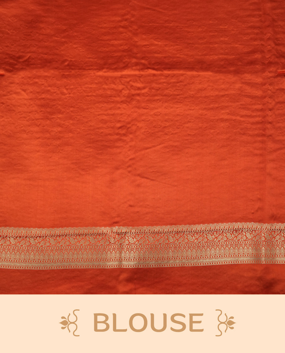 Orange Colour Semi Banarasi Satin Crepe Saree with Silver Zari Buti Motifs, Traditional Gold Ornate Pallu, Elaborate Woven Border, Decorative Tassels with Matching Blouse