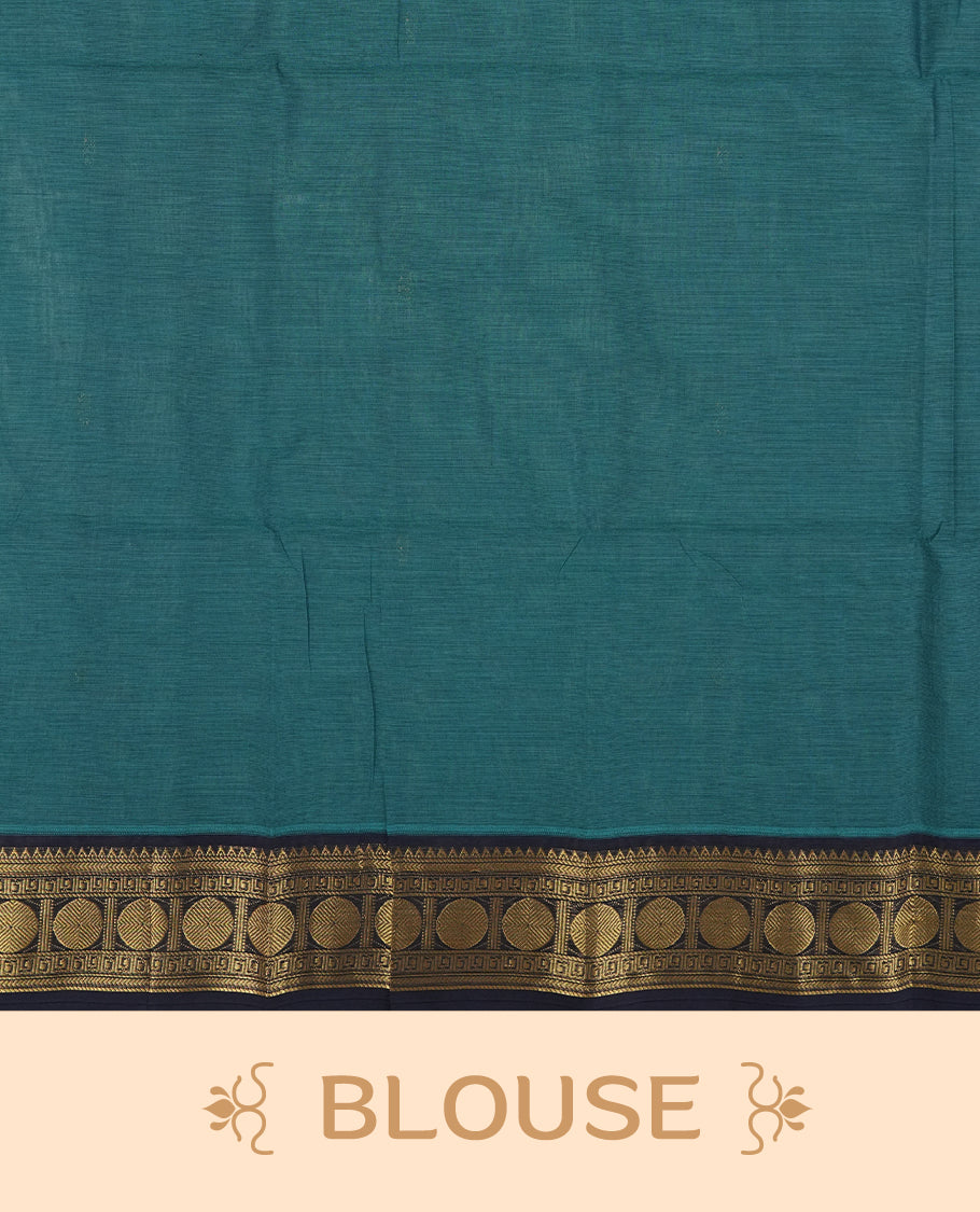 Teal blue colour Chettinad cotton saree featuring a rich contrast navy blue colour border adorned with intricate golden zari circular motifs and geometric designs & it comes with a matching blouse piece.