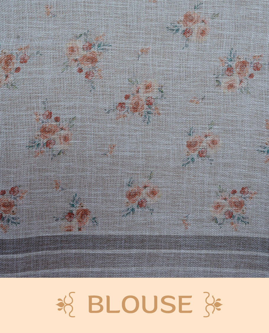 Cream colour semi linen saree featuring Floral printed buttas on body, complemented by contrast Grey colour border, comes with matching blouse piece.