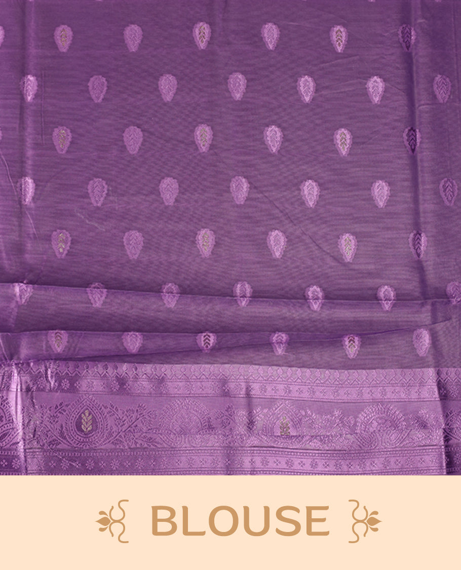White colour saree adorned with delicate self woven motifs across the body, highlighted with a striking Purple woven border and pallu, finished with tassels, and paired with a matching blouse