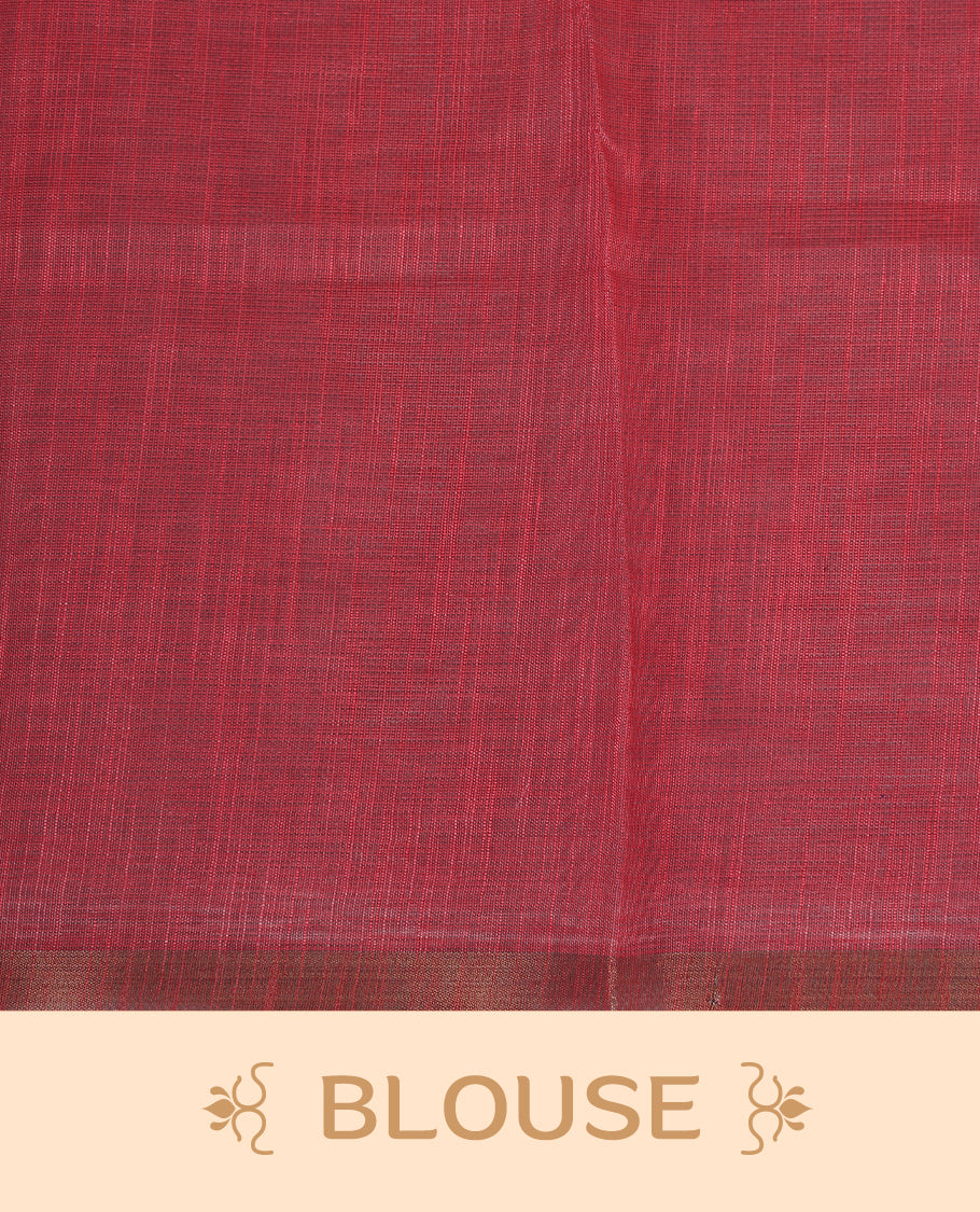Off-white linen saree featuring beautiful Red floral and leafy prints on the body, complemented by a tissue piping border and a contrasting pallu. Paired with a matching blouse piece.