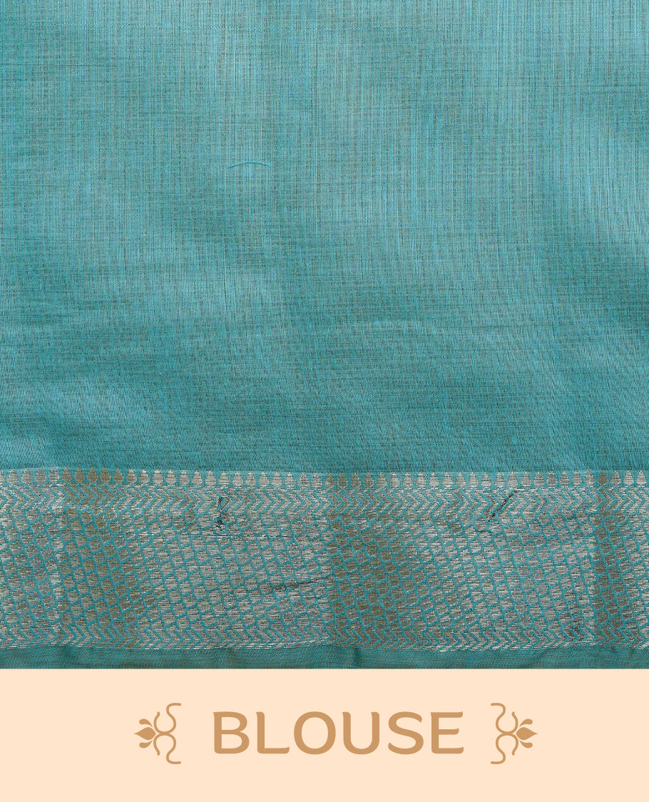 Cream Colour Tussar Kerala Saree Featuring Elegant Mirror Work on the Body, Enhanced with a Light Gold Zari Border, Floral Thread Work, and a Blue & Gold Zari Pallu, Paired with a Matching Blouse Piece