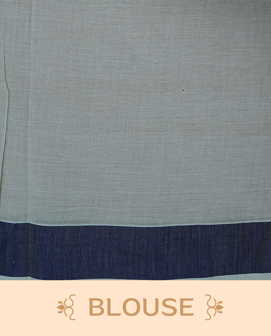 Cream colour Cotton Kerala saree Featuring Classy Plain body for Effortless Elegance, enhancing Navy blue with Peacock Printed border, paired with matching blouse piece.