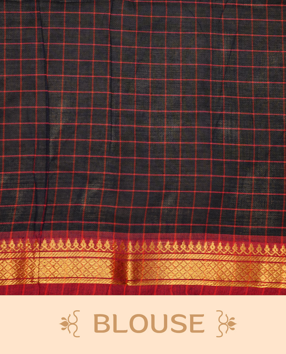 Dark blue colour chettinad cotton saree featuring Check pattern on body, complemented by magenta colour with zari border, paired with matching blouse piece.