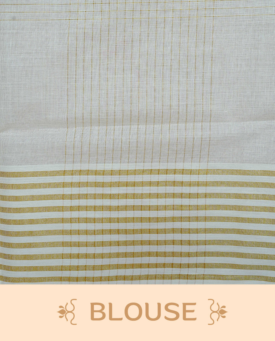 Cream Colur Cotton Kerala Saree Featuring Gold Zari Strips Across On The Body, Classic Gold Zari Border & Pallu,Paired With A Matchinf Blouse Piece.