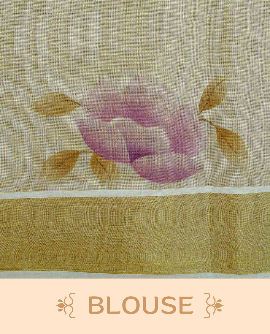 Cream Colour Tissue Kerala Saree Featuring Digital Purple Rose Prints Across The Body, Enhanced With A Gold Zari Border , Finished With Purple & Cream Tassels And A Matching Blouse Piece