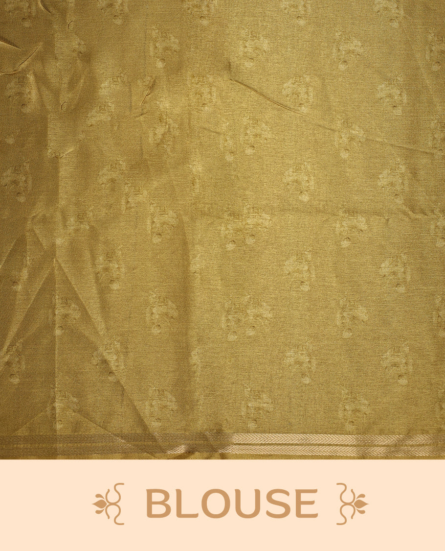 Medallion yellow color saree adorned with charming pastel floral and figure prints all over the body and pallu, lending a whimsical touch & The soft sheen adds elegance, and its paired with a matching blouse piece.