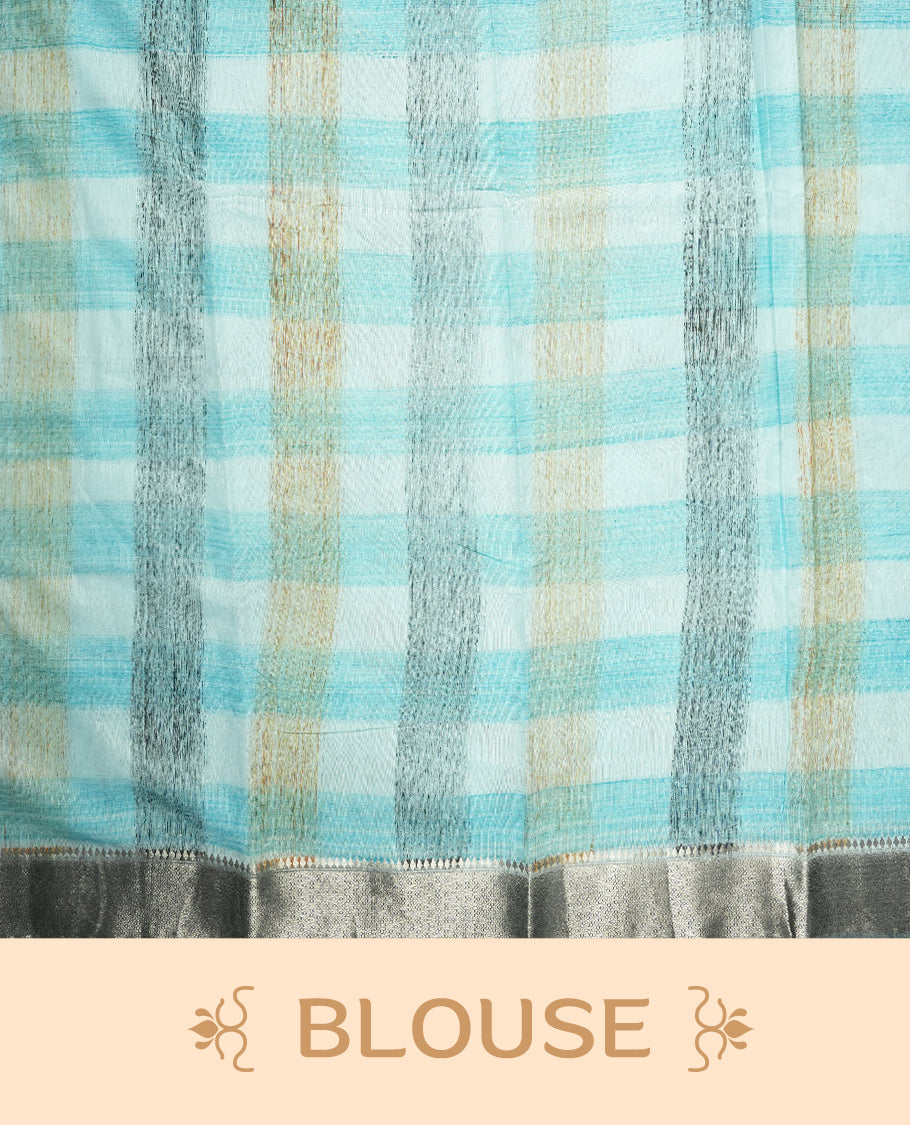 Sky blue and teal colour mixed chanderi cotton saree featuring multicoloured checkered body with vertical and horizontal stripes, silver zari border, and matching blouse