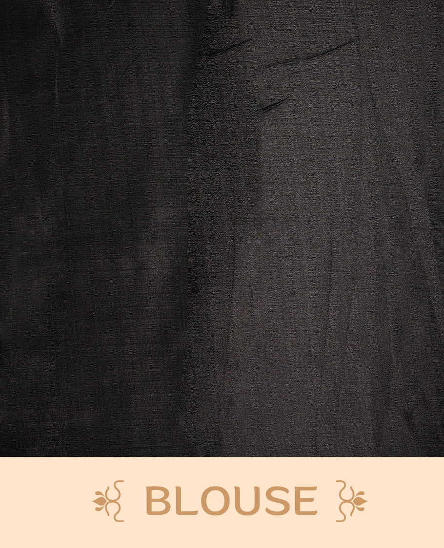 Elegant black colour art silk saree with bold blue floral prints and matching border & Accentuated with a tassel detailed pallu, its perfect for festive evenings or parties. Comes with an unstitched blouse piece.