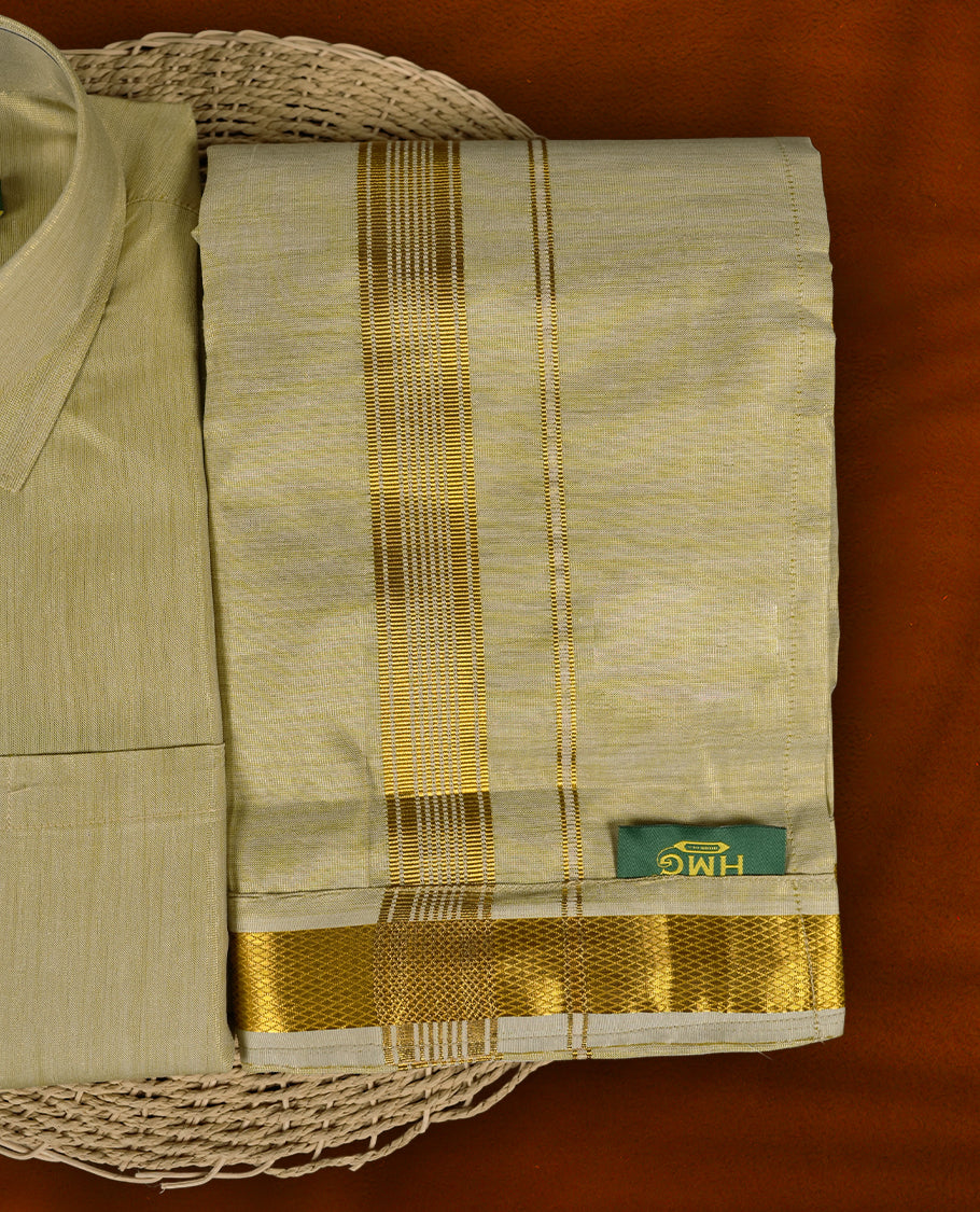 Dark gold colour shirt & dhoti set by HMG, crafted with elegant gold zari borders & Ideal for weddings, festive wear & gifting.