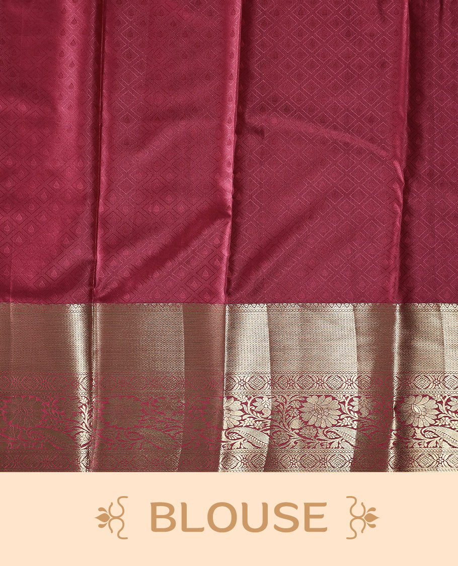 Deep pink semi silk brocade saree with intricate gold zari brocade work and a rich gold woven border and pallu, Comes with a matching blouse, perfect for festive occasions and traditional celebrations.