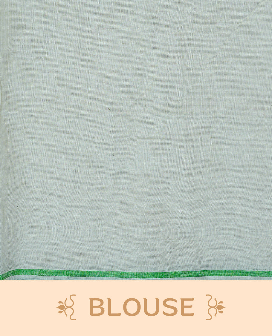 Cream Colour Cotton Kerala Saree Featuring A Classy Plain Body For Effortless Elegance, Enhanced By A Minimalist Light Green Border, Paired With A Matching Blouse Piece