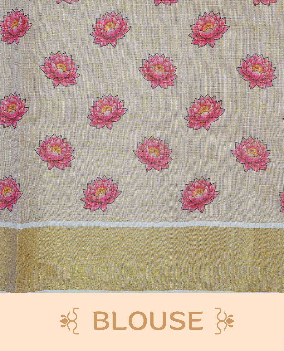 Cream Colour Tissue Kerala Saree Featuring Vibrant Digital Floral Prints & Onam Team Printed Pallu, Beautifully Enhanced With A Classic Gold Zari Border And Contrast Tassels. Paired With A Matching Blouse Piece.