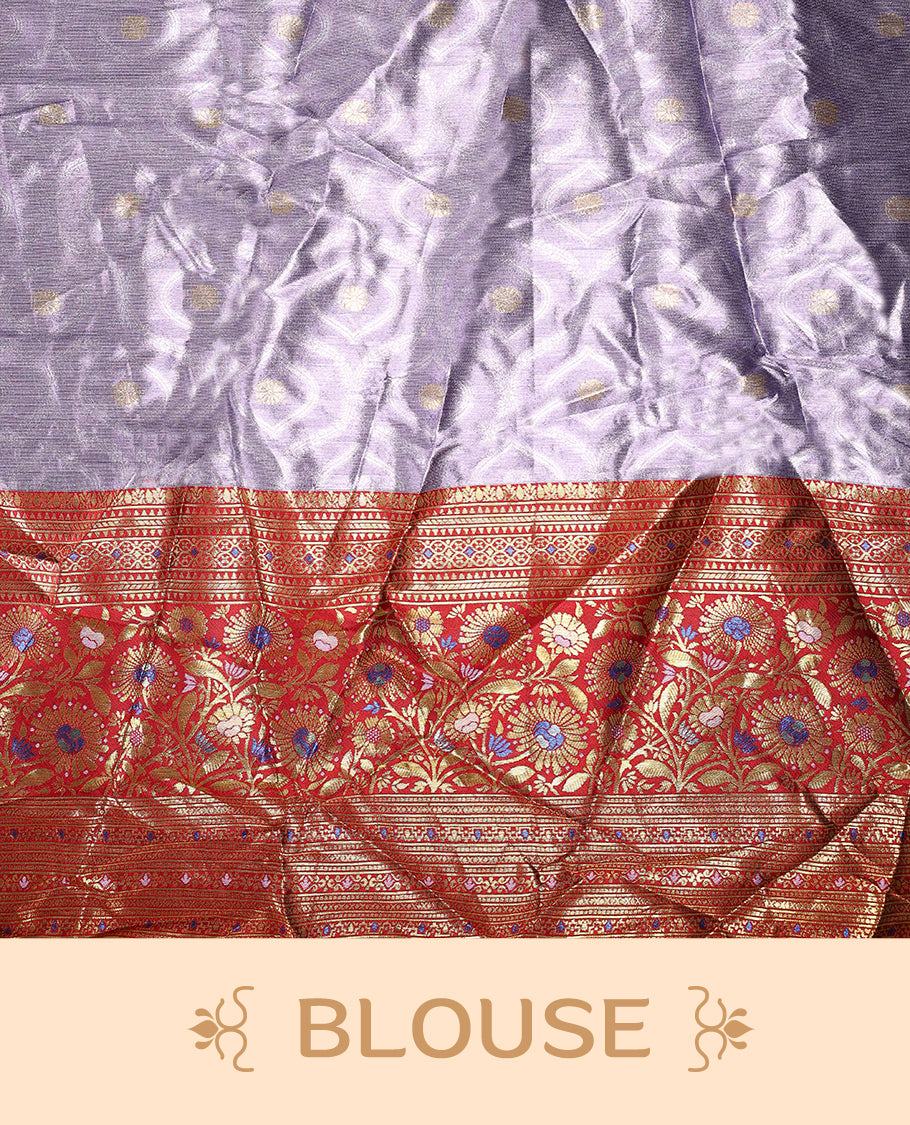 Charming Semi stitiched lavender and red Dhavani set featuring a lustrous lavender skirt with rich golden zari border, paired with a contrasting red dupatta detailed with golden motifs, perfect for festive and wedding occasions.