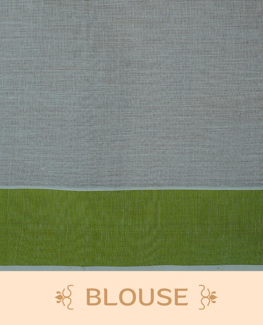 Cream colour Cotton Kerala saree Featuring Classy Plain body for Effortless Elegance, enhancing Green with Peacock Printed border, paired with matching blouse piece.