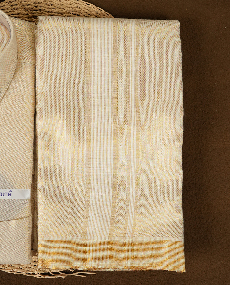 Gold color cross pattern shirt & dhoti set by PASUTHI with rich zari weave and elegant shin, Ideal for weddings, functions & festives.