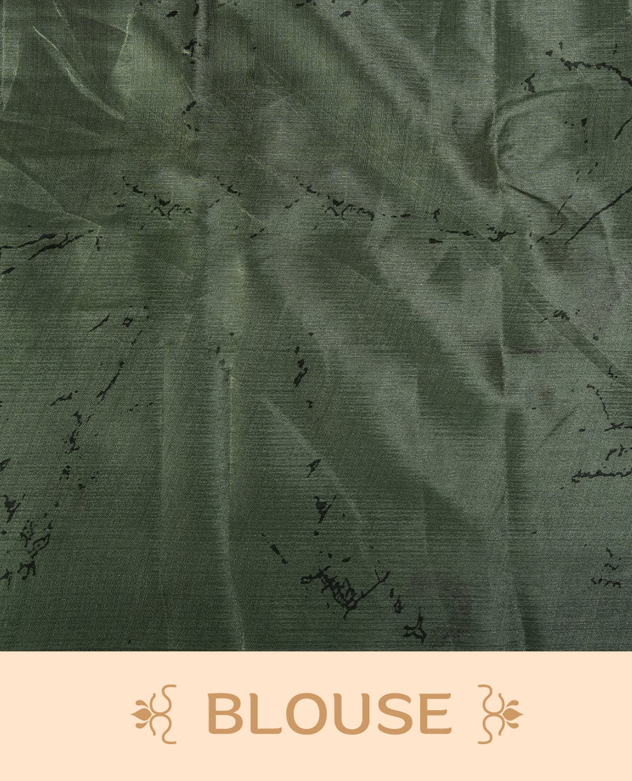 Olive green and off white colour saree with bold black floral prints enhancing its modern charm & Crafted from soft, lightweight fabric for elegant draping, this saree comes paired with a matching blouse piece.