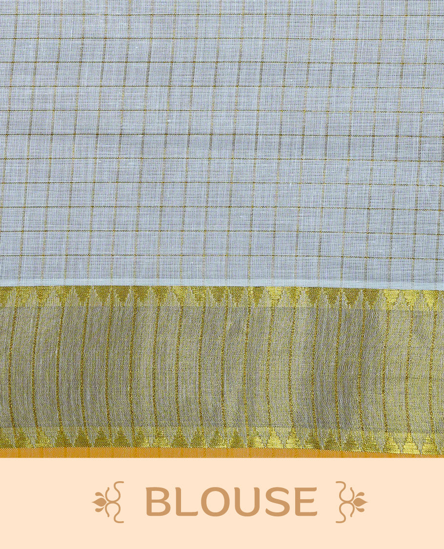 Cream color kerala saree featuring Gold zari Checks on body, enrich Gold zari with floral printed border & pallu, paired with matching blouse piece.