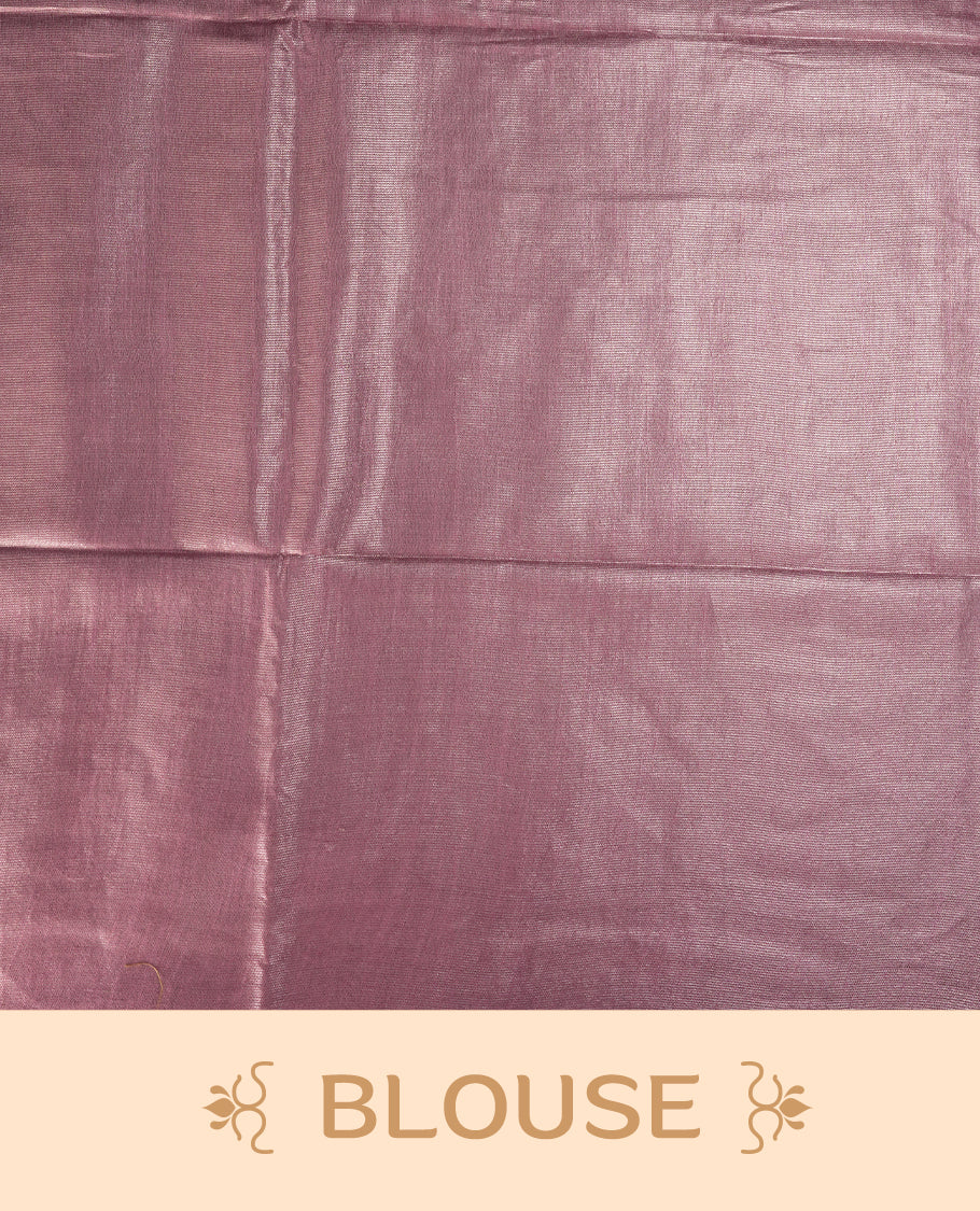 Soft Mauve colour semi jute tissue saree adorned with delicate dotted motifs all over, Features a finely woven pallu and sleek borders for a refined look & Comes with a matching blouse piece.