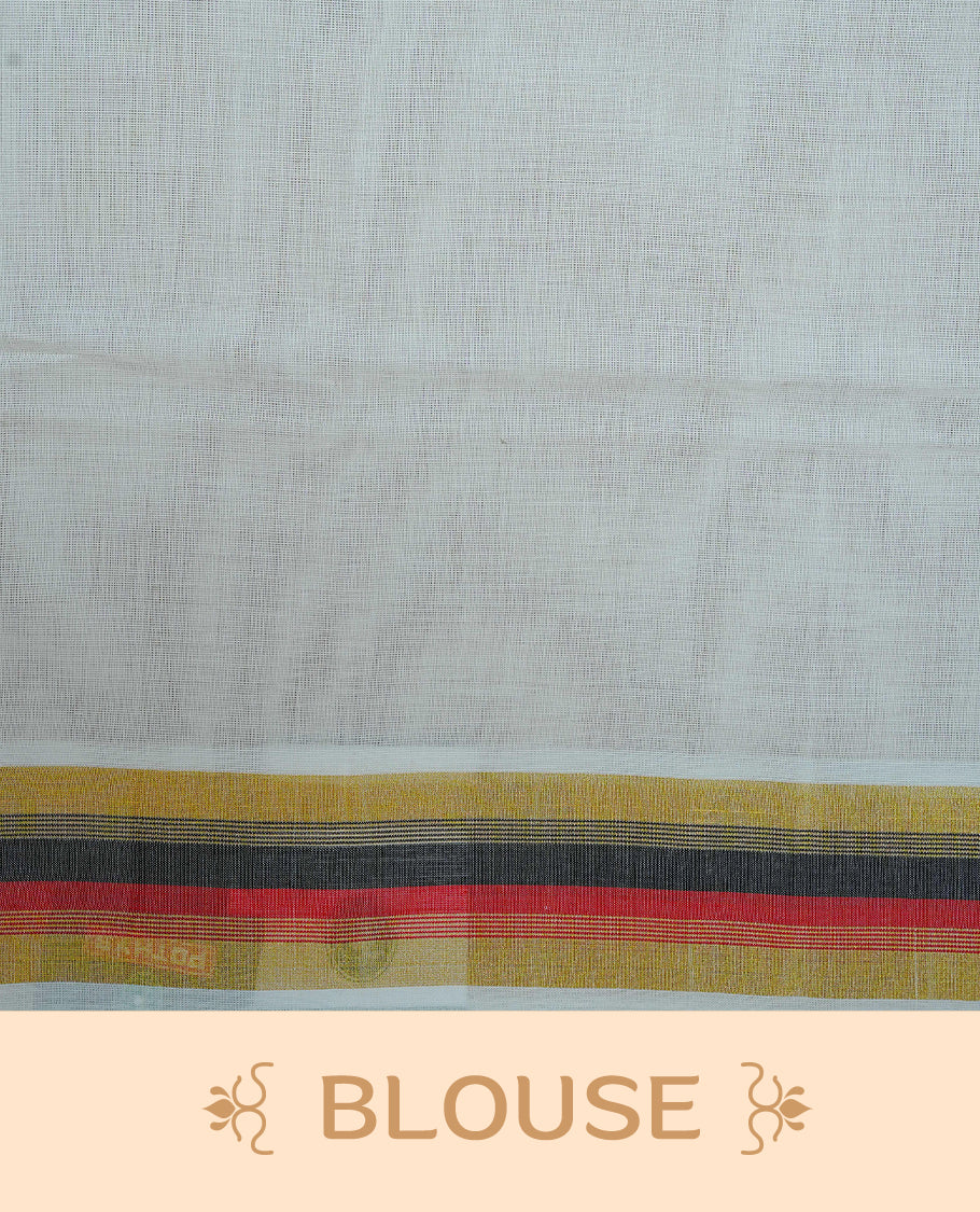 Cream colour Cotton kerala saree featuring Classy Plain body, complemented by Gold with red & black zari border & Pallu, paired with matching blouse piece.