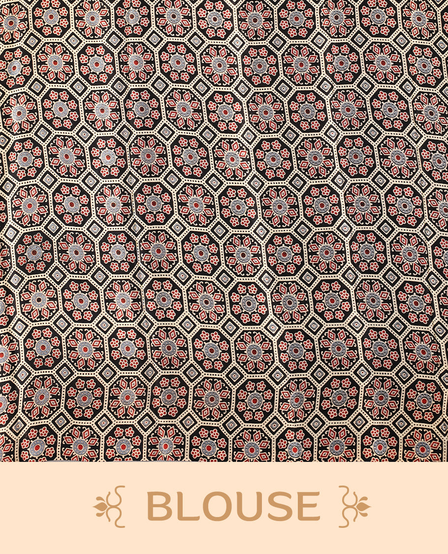 Black colour semi modal saree featuring an intricately woven multicolour ethnic patterned border and pallu, highlighted with traditional motifs, and paired with a matching blouse