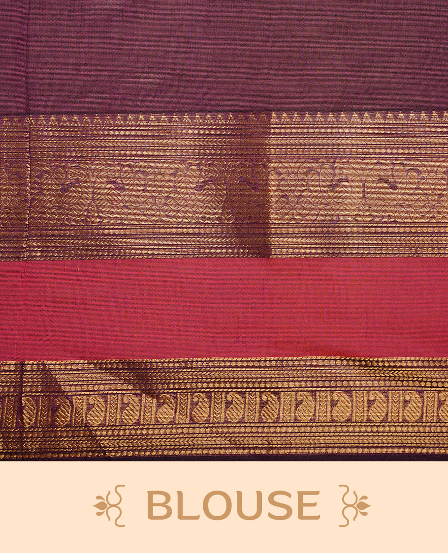 Purple colour chettinad cotton saree featuring gold zari motifs on body, complemented by magenta colour with zari border, paired with matching blouse piece.
