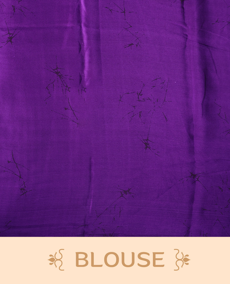 Purple colour Semi Modal saree featuring artistic abstract prints across the body, beautifully contrasted with Off White highlights, complemented by a bold patterned pallu, and paired with a matching blouse