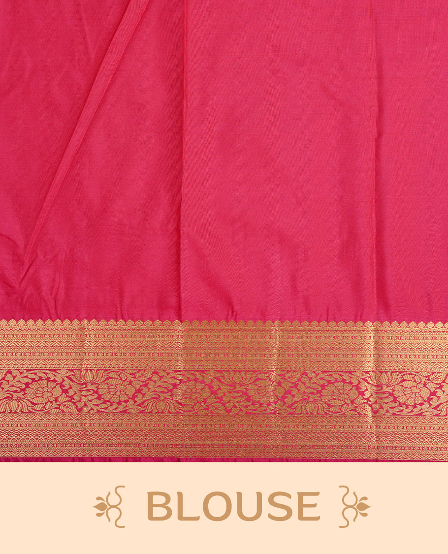 Black colour semi wedding saree featuring gold zari floral kode pattern on body, complemented by contrast magenta with traditional border, paired with matching blouse piece.