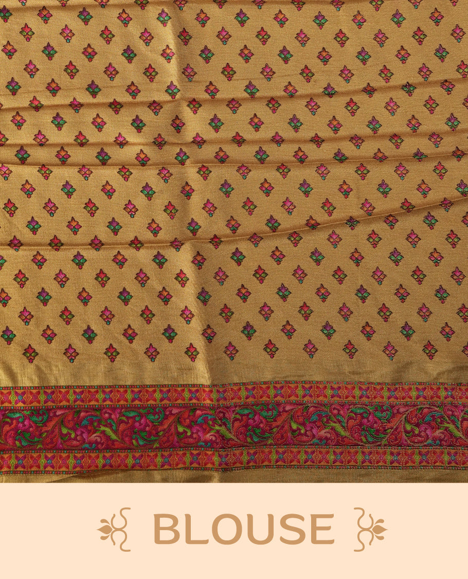 Beige Pashmina Silk Saree with Intricate Embroidered Buti Work on Body, Featuring Multicolor Dancer and Floral Motifs on Vibrant Pink-Green Zari Border & Grand Pallu, Paired with Matching Blouse Piece