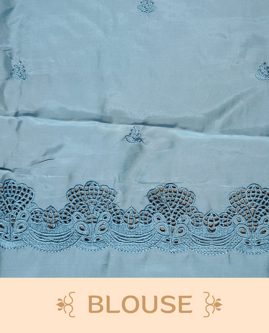 Pastel Teal colour Designer saree featuring Classic Plain body Styled with Thread motifs, Enrich with Thread & scalp border, paired with matching blouse piece.