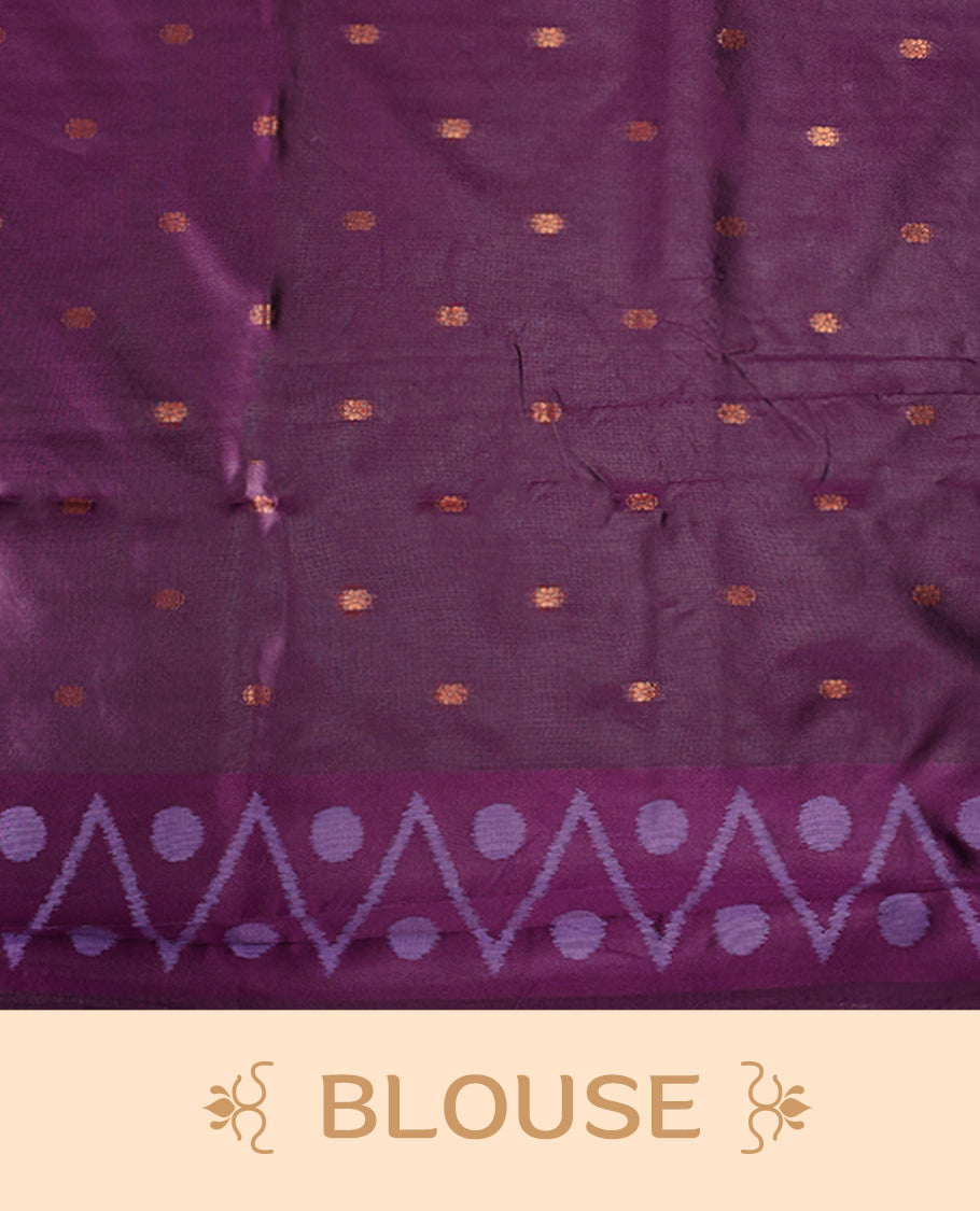 Lavender colour saree featuring subtle woven motifs on the body, enhanced with a deep Purple geometric patterned border, complemented by a rich zari pallu with tassels, and paired with a matching blouse