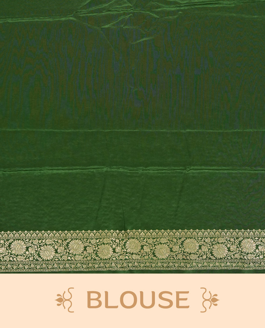 Green colour banaras satin crepe saree fearturing gold tiny leaf motifs on body, kodi visiri pattern on border & pallu and paired with matching blouse