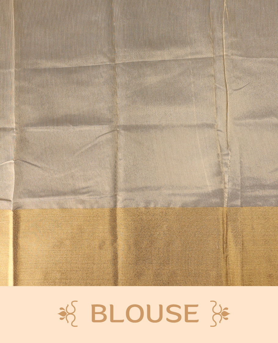 Elegant Off white colour Kerala saree with a traditional golden zari border and pallu, finished with golden tassels & A timeless ethnic piece, perfect for festivals and celebrations, paired with a matching blouse.