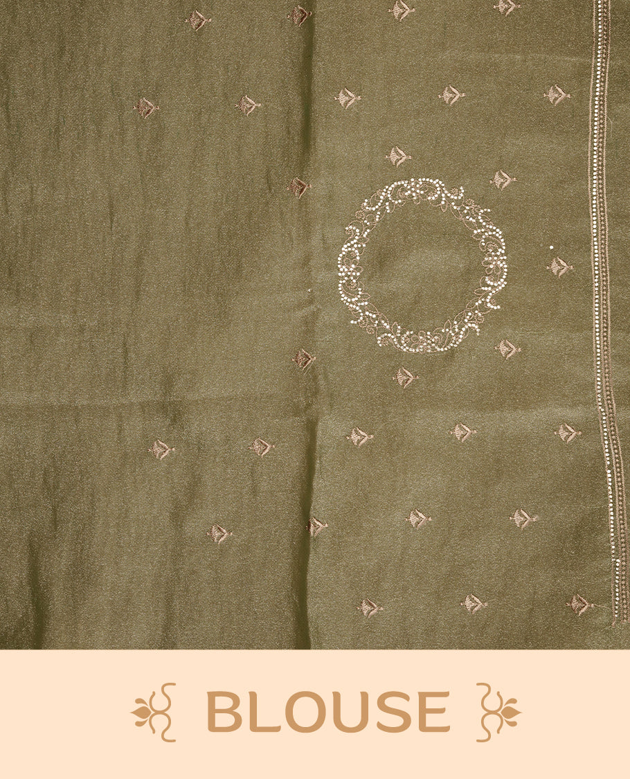 Olive colour organza saree featuring thread & gold stone pattern on body, highlighting scalp border, paired with Matching blouse piece.