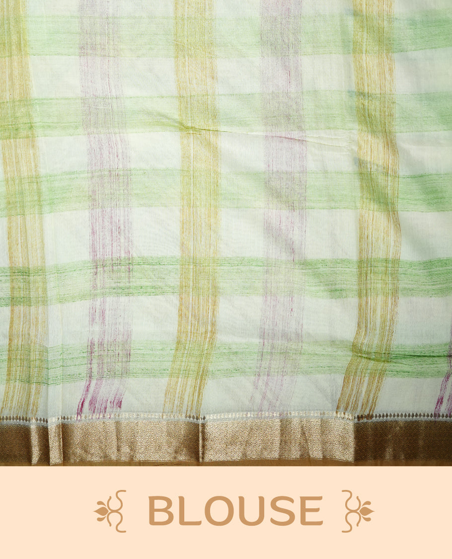 Multicolor mixed chanderi cotton saree with pastel checkered body in pink, green, yellow and off-white, golden zari border, matching golden pallu, and matching blouse.