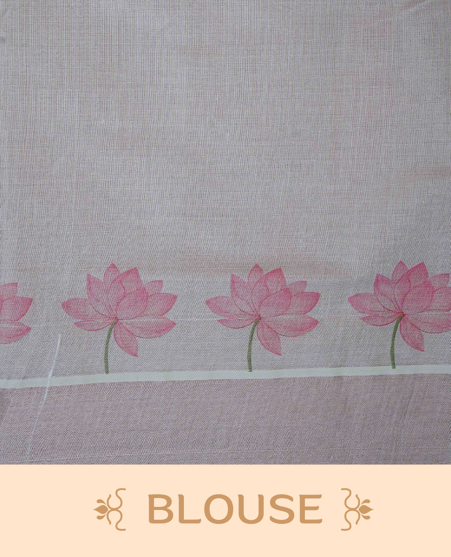Cream Colour Tissue Kerala Saree Featuring Delicate Digital Lotus Prints And A Charming Cow & Calf Pallu, Enhanced With A Subtle Tissue Border And Contrast Pink Tassels. Paired With A Matching Blouse Piece.