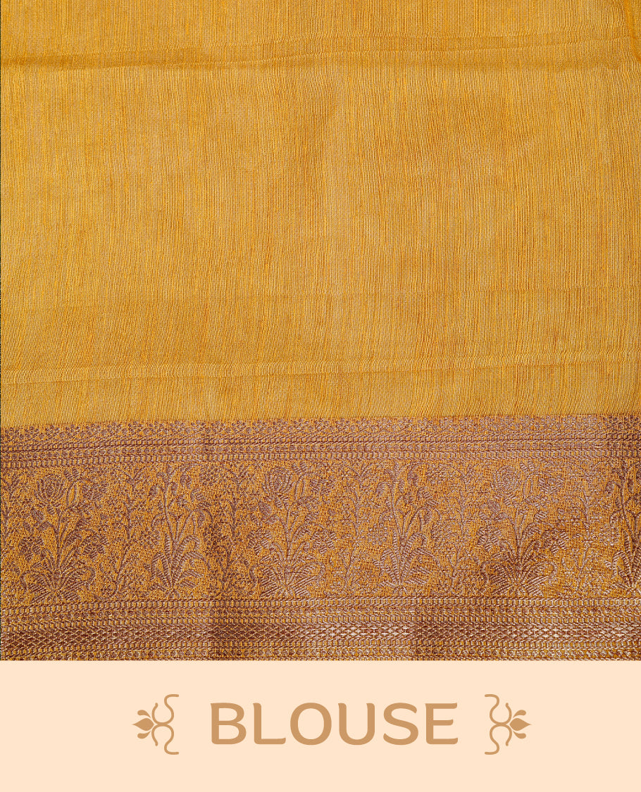 Purple colour Semi linen saree featuring Elegant plain body, complemented by contrast Mustard colour With Antique zari border, paired with matching blouse piece.