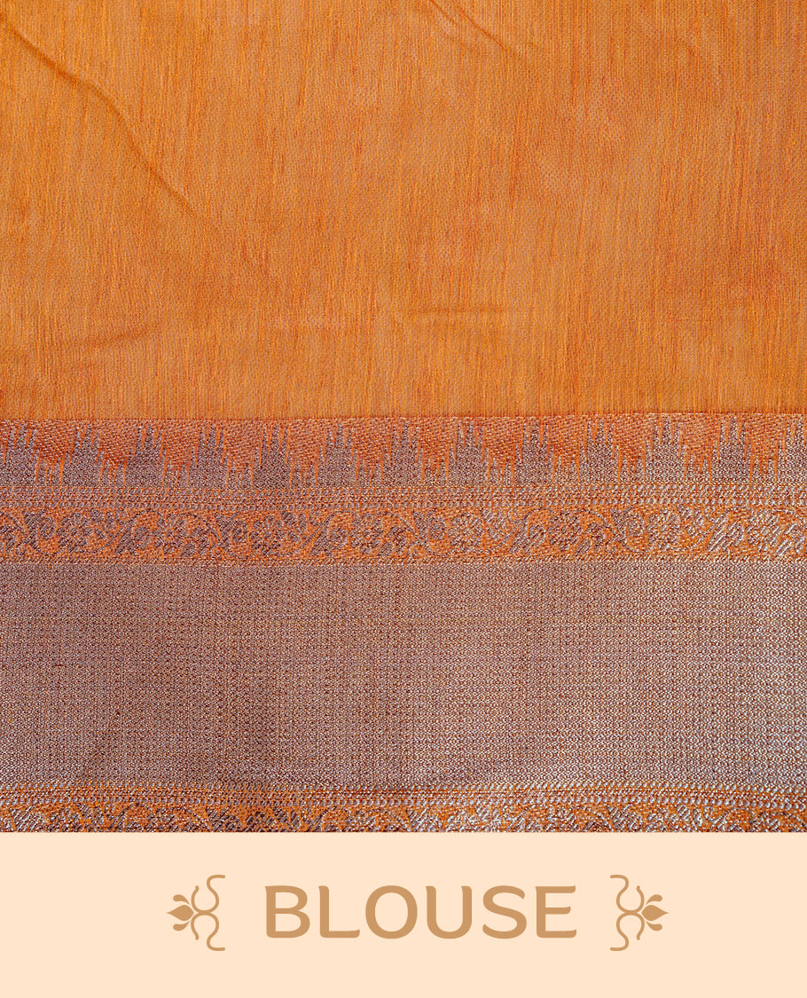 Red colour Semi linen saree featuring Elegant plain body, complemented by contrast Orange colour With Antique zari border, paired with matching blouse piece.