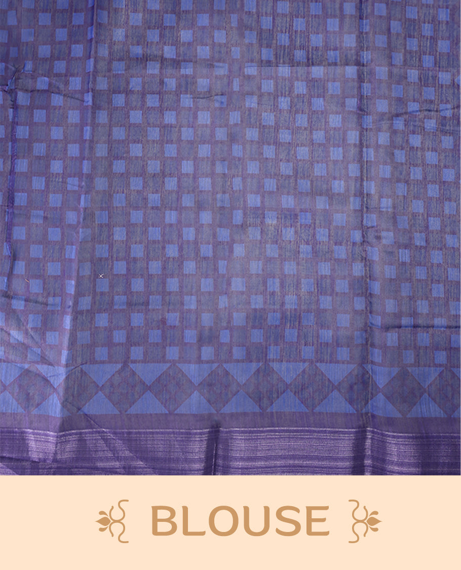 Blue saree adorned with geometric woven patterns across the body, accentuated with a subtle striped border, and a pallu featuring circular motifs with delicate tassel detailing, paired with a matching blouse.