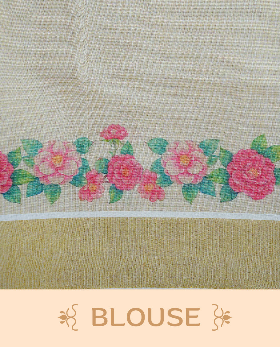 Cream Colour Tissue Kerala Saree Featuring A Digital Peacock Floral Printed Body, Highlighted With Classy Gold Zari Border Green & Coral Pink Tassel At Pallu, Paired With A Matching Blouse Piece.