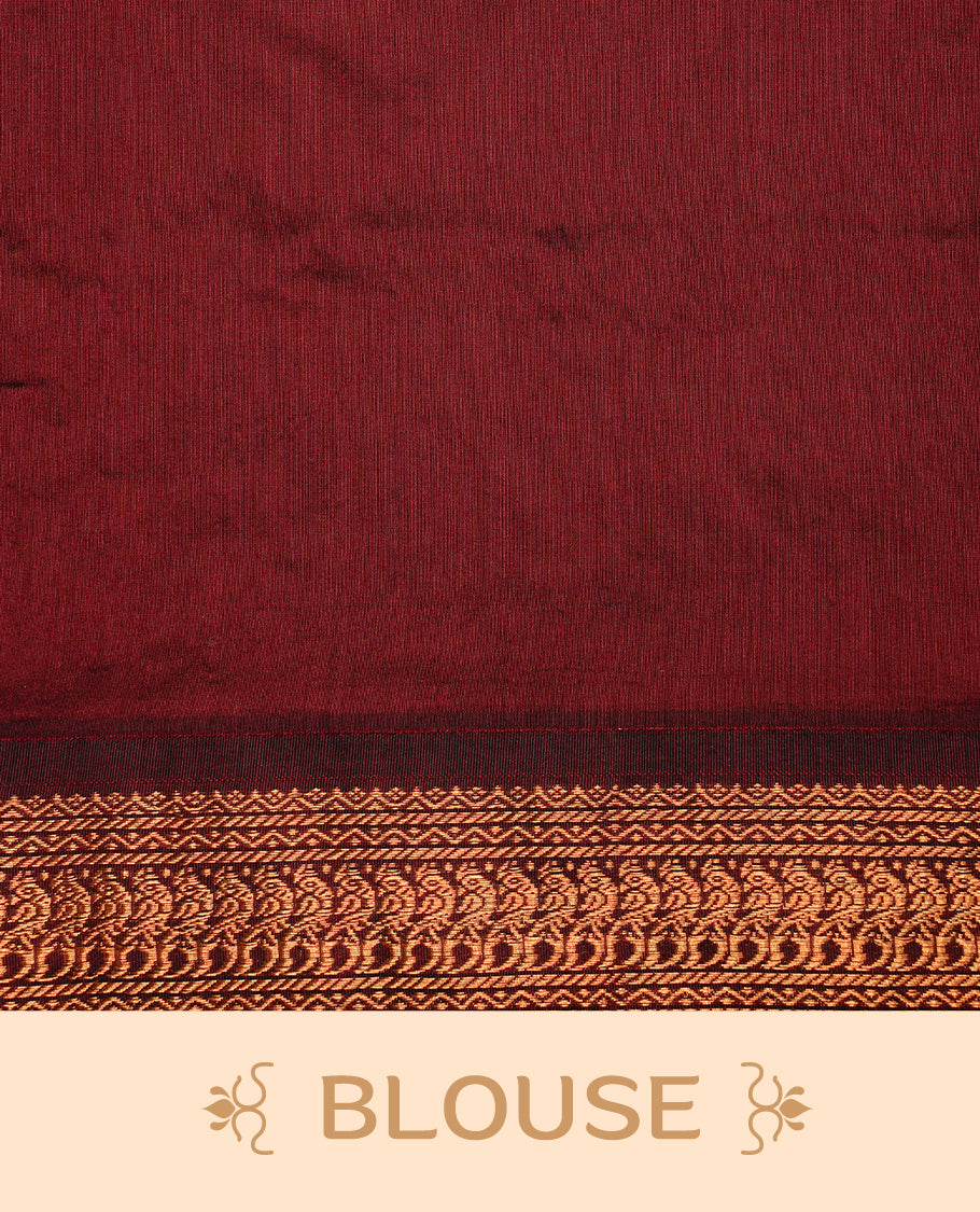 Teal green colour kalyani cotton saree featuring gold zari motifs on body, highlighting contrast Maroon colour with Antique gold zari border, paired with matching blouse piece.