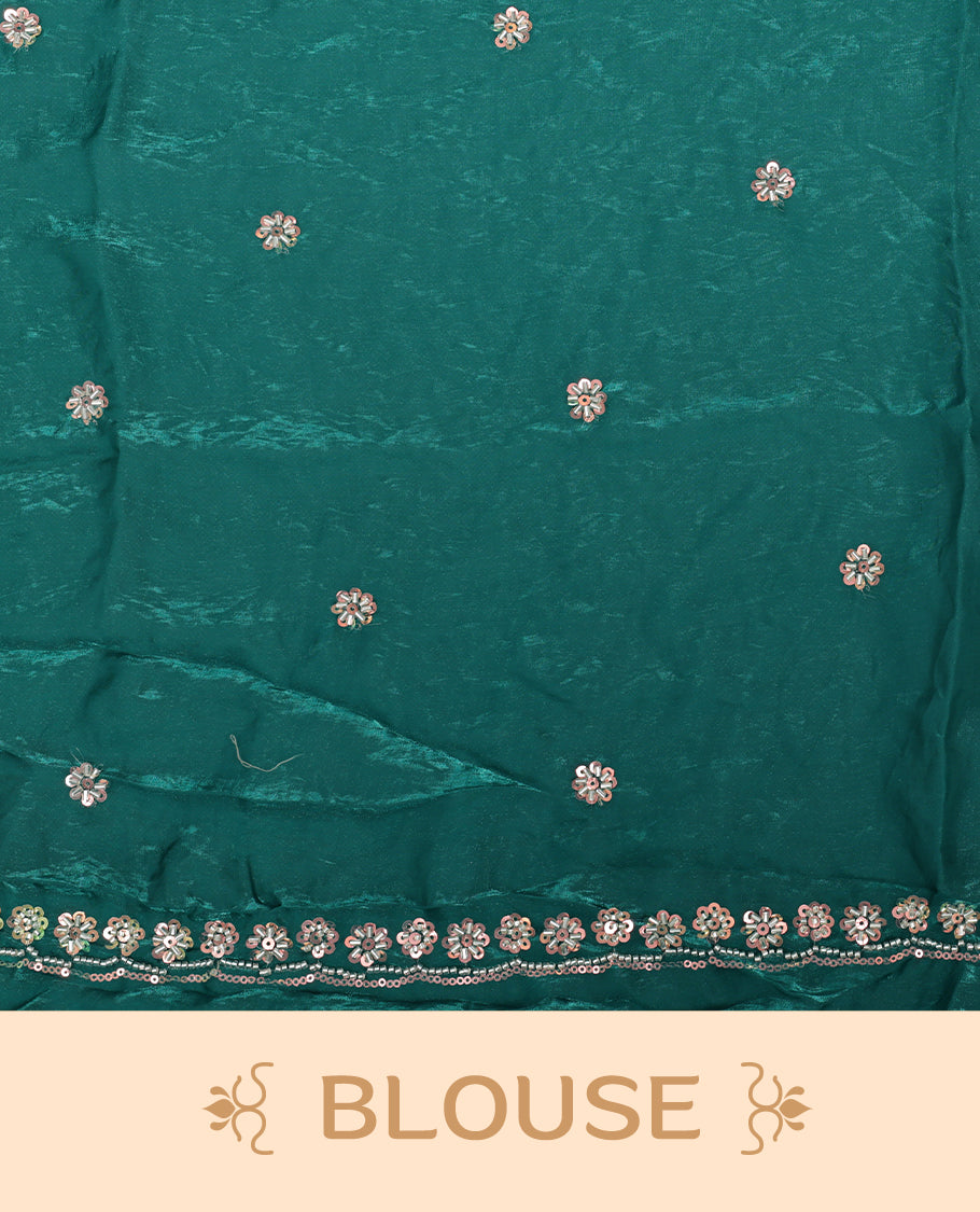 Teal colour designer saree featuring Sequins & cut beats worked body, cut beat worked border, paired with matching unstitched blouse.