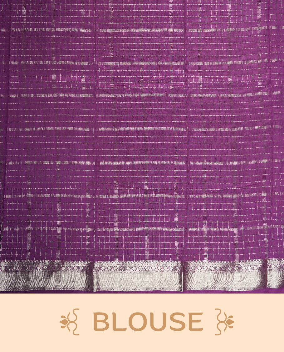 Teal green colour mixed chanderi cotton saree featuring gold checkered body, purple pallu with rose gold zari border, and matching blouse.